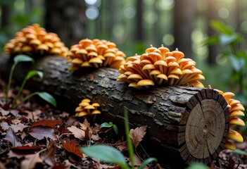 Cluster of Vibrant Orange Mushrooms Growing on Fallen Log in Serene Forest Setting with Natural Sunlight