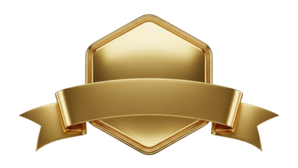 Golden badge with ribbon isolated PNG, award emblem for logo design and product branding on transparent background