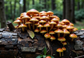Cluster of Vibrant Orange Mushrooms Growing on Fallen Log in Lush Forest Surrounded by Dense Green Foliage Under Soft Dappled Sunlight