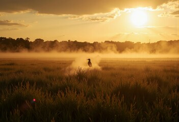 Serene View of a Lone Bird in a Misty Field at Sunrise with Warm Golden Light and Soft Shadows Creating an Ethereal and Tranquil Atmosphere