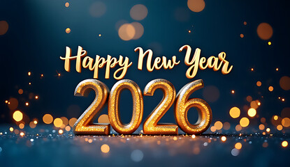 Happy New Year 2026: A festive display of shimmering gold numerals and lettering against a backdrop of twinkling lights, heralding the arrival of a new year. 
