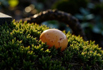 A speckled egg nestled on vibrant green moss illuminated by soft, natural sunlight creating a peaceful and serene nature-inspired scene