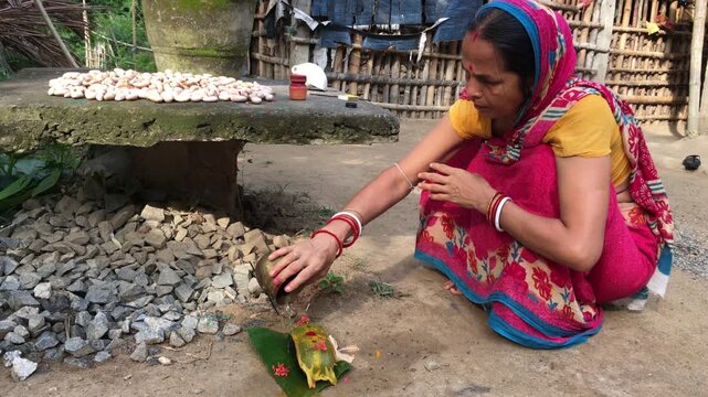 Odia Woman Performing Basumati Snana Mother Earth Ritual During Raja Festival in Odisha, India. The ritual honors Mother Earth (Basumati) by decorating a grinding stone (Shilpua) with flowers