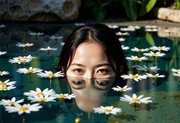 A serene image featuring a young woman with captivating eyes partially submerged in water surrounded by floating daisies, evoking tranquility and nature's beauty