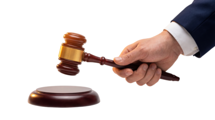 Man's Hand Holding Wooden Judge's Gavel Above Sound Block isolated PNG with Transparent Background