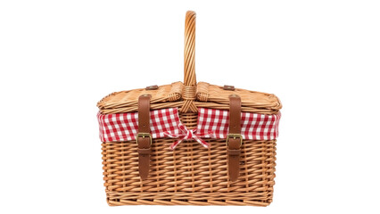 Wicker picnic basket with red and white checkered cloth isolated PNG, traditional container for outdoor dining and summer events