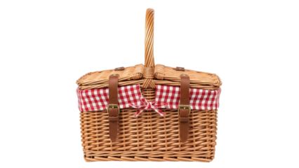 Wicker picnic basket with red and white checkered cloth isolated PNG, traditional container for outdoor dining and summer events