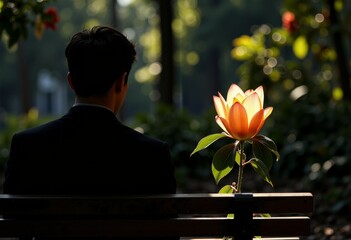 Contemplative Moment on Park Bench with Radiant Flower Illuminated by Sunlight in Serene Outdoor Setting Amid Nature and Greenery