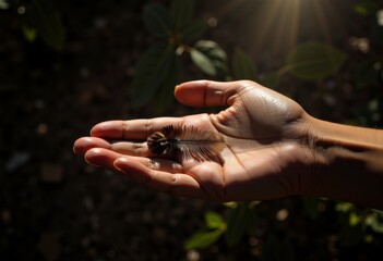 Gentle Hand Holding a Feather Under Sunlight with Green Leaves in the Background Creating a Peaceful Natural Scene