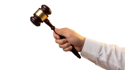 Human hand holding a dark wooden judge's gavel with gold band isolated PNG with Transparent Background