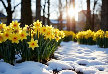 Golden daffodils blooming vibrantly in a sunlit winter forest as the sun sets, casting a warm glow over the snow-covered ground, creating a striking seasonal contrast