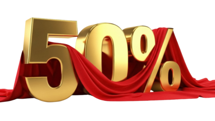 Golden 50 percent sign with red fabric isolated PNG, promotional sale design element on transparent background for marketing campaigns