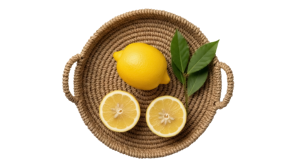 Fresh lemons in a woven basket isolated PNG, whole and halved yellow citrus fruit with green leaves on transparent background
