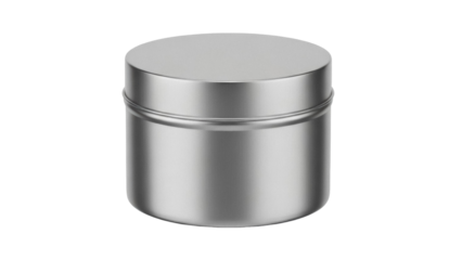 Silver metal tin can isolated PNG, round container for cosmetics, food, or storage on transparent background, mockup template