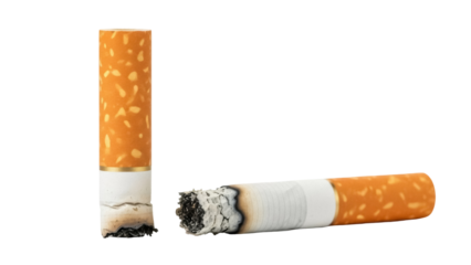 Two smoked cigarettes isolated PNG, butts with ash and filter on transparent background, unhealthy habit and nicotine addiction concept