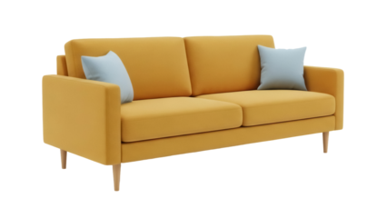Modern yellow sofa with pillows isolated PNG, contemporary couch on transparent background for interior design and furniture mockups