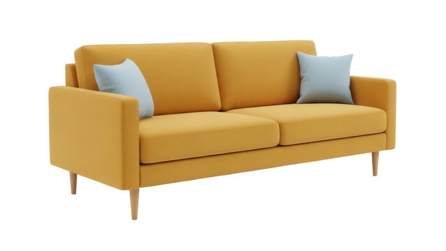 Modern yellow sofa with pillows isolated PNG, contemporary couch on transparent background for interior design and furniture mockups