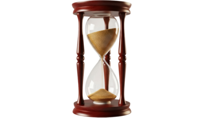 Elegant wooden hourglass with golden sand isolated PNG, time management concept for deadlines and productivity on transparent background