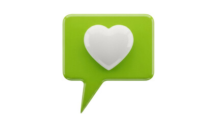 Green speech bubble with white heart isolated PNG, like icon on transparent background for social media and communication design