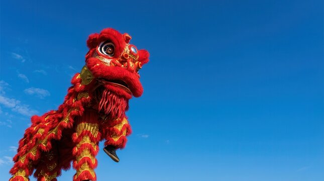 Vibrant Red Chinese Lion Dance Costume Against Clear Blue Sky.