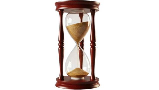 Elegant wooden hourglass with golden sand isolated PNG, time management concept for deadlines and productivity on transparent background