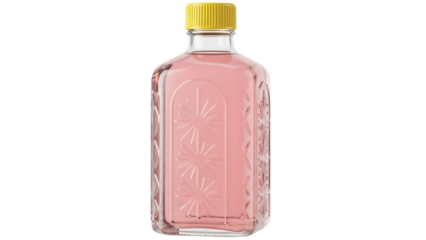 Pink liquid in glass bottle with yellow cap isolated PNG, vintage style drink on transparent background, aromatherapy essence
