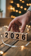 Hand Placing Wooden Block Showing 2026 New Year Concept with Festive Lights