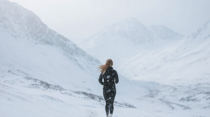 Person runs on a snowy mountain trail during winter with snow falling and mountains in the background