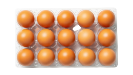 Fifteen brown eggs in a plastic carton isolated on transparent background, fresh organic food for cooking and baking PNG