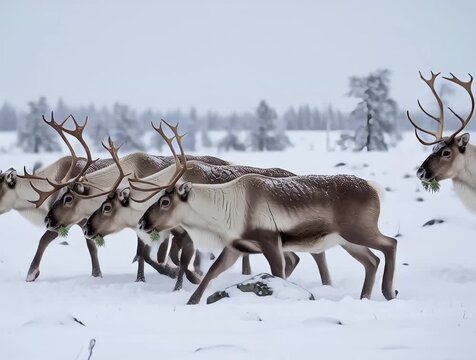 A wild reindeer buck with majestic antlers stands as a silhouette against a winter nature landscape of snow in this artistic Christmas illustration