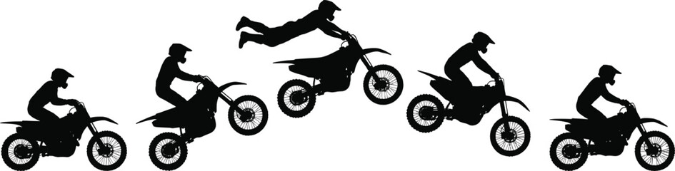 Motocross stunt sequence silhouette showing rider performing mid-air trick and landing, ideal for extreme sports, action, or adrenaline themes © Austomi's World