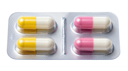 Four colorful capsules in blister pack.