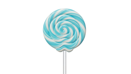 Swirled lollipop isolated PNG on transparent background, blue and white candy with stick for sweet treat and confectionery designs