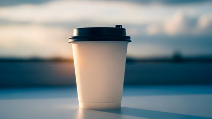 Obraz premium A blurred coffee cup on a table with a cityscape background