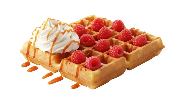 Delicious waffle with raspberries and whipped cream isolated PNG, sweet dessert on transparent background for food design and culinary projects