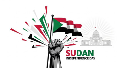 Sudan Independence Day celebration with raised fist holding flag and national emblem vector illustration for patriotic concept