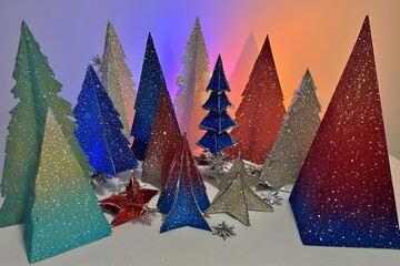 Vector illustration of a blue winter landscape featuring a snowy forest with a decorated Christmas tree, glowing stars, and gifts for a festive New Year celebration card design