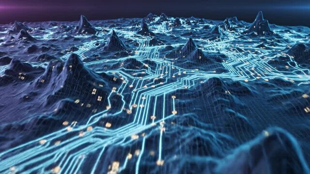 Futuristic circuit landscape glowing circuitry digital terrain neon blue data network glowing circuit landscape digital terrain neon grid data stream futuristic topology network path digital circuit