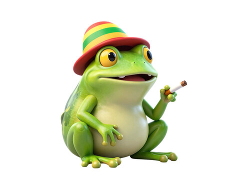 Green frog wearing a striped hat and holding a cigarette