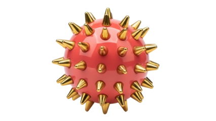 Red spiky ball PNG isolated on transparent background, abstract sphere with golden spikes for decoration and design projects