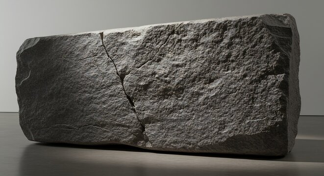 Large roughhewn gray stone slab cracked sits on a smooth gray surface against a plain wall Light casts shadows