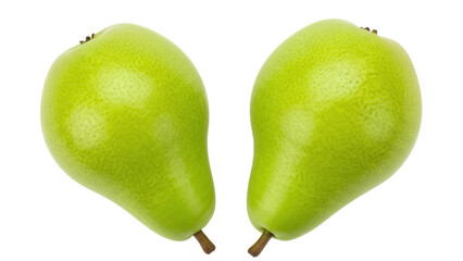 Two green pears isolated PNG, fresh fruit on transparent background, healthy eating and vegetarian diet concept, natural food