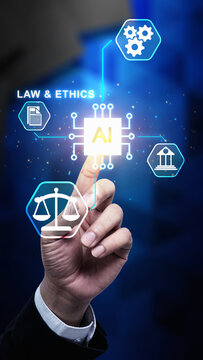Artificial intelligence linked with legal and ethical considerations, and the importance of responsible AI development. Finger touches the AI icon. Concept of AI Law and Ethnic