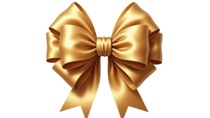 Golden satin bow isolated PNG on transparent background, elegant ribbon decoration for gift wrapping and festive design projects