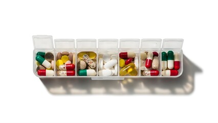 Weekly pill organizer with colorful tablets representing daily medication management, treatment adherence, and healthcare routine. Suitable for pharmacy, senior care, and medical awareness content.
