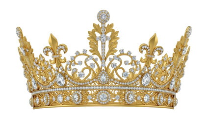 Ornate golden crown with diamonds isolated PNG, royal headwear for queen or princess on transparent background © Sophie
