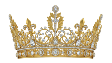 Ornate golden crown with diamonds isolated PNG, royal headwear for queen or princess on transparent background