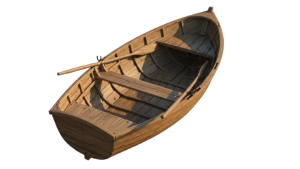 Wooden rowboat PNG isolated on transparent background, small vintage boat with oars for fishing or recreation, nautical vessel