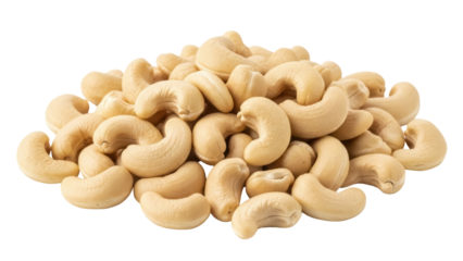 Pile of cashew nuts isolated PNG on transparent background, healthy snack food rich in protein and dietary fiber for vegan diet