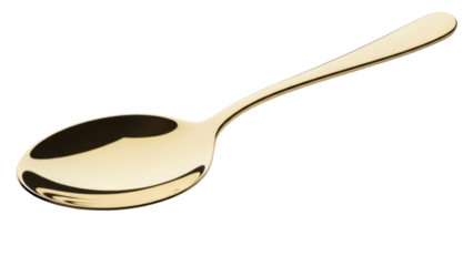 Elegant golden spoon isolated PNG on transparent background, shiny metal utensil for food service and culinary design